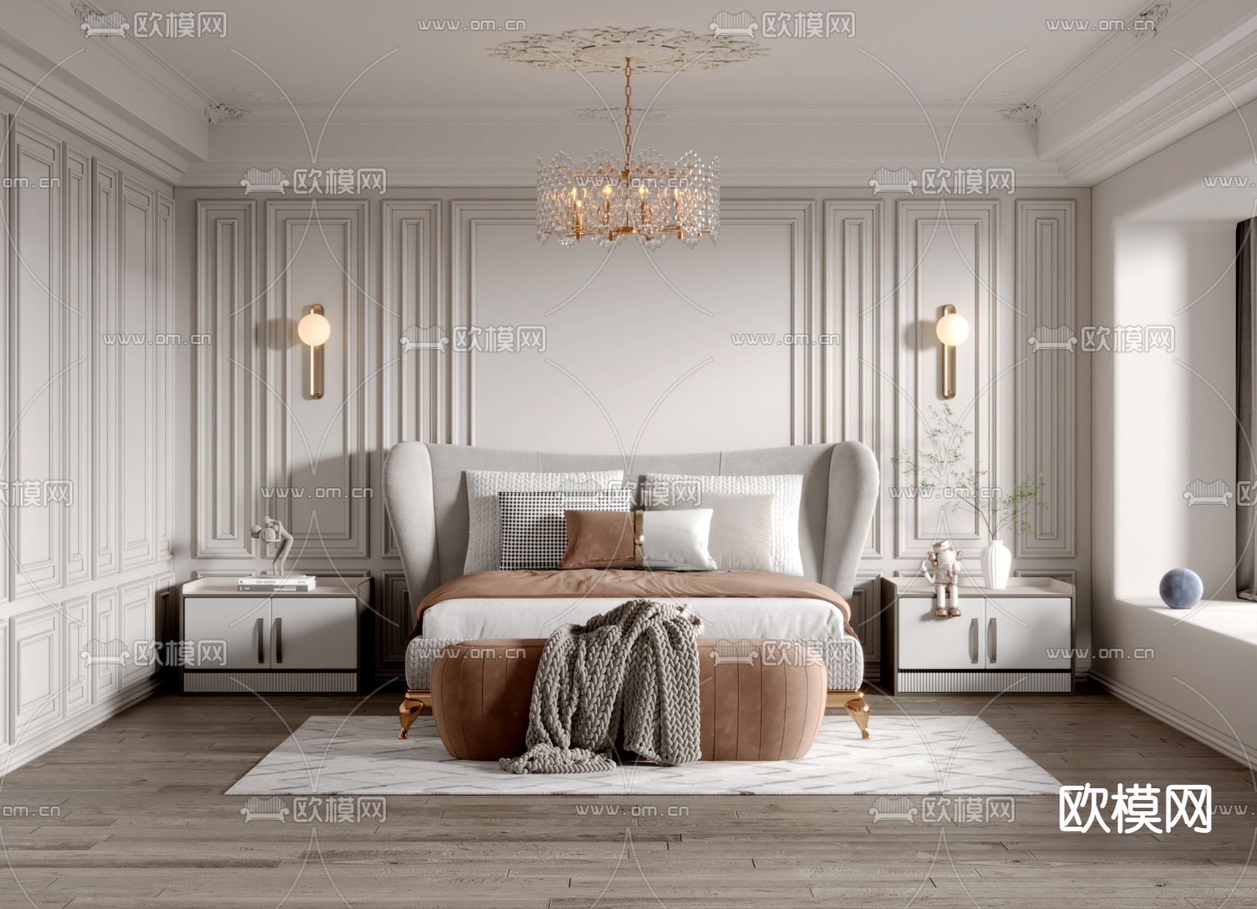 简欧卧室 主卧3d模型下载（渲染图1）