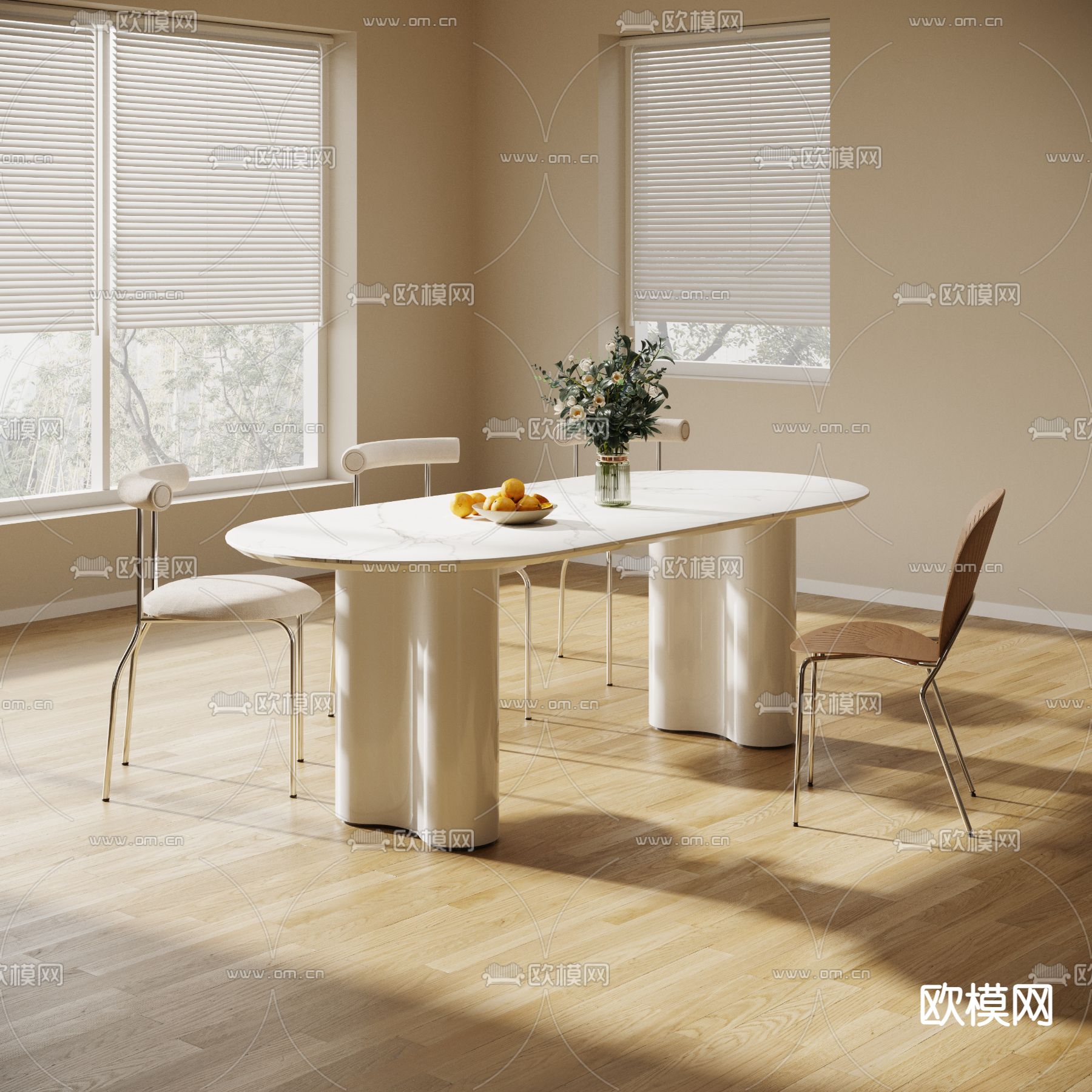奶油风餐桌椅3d模型下载