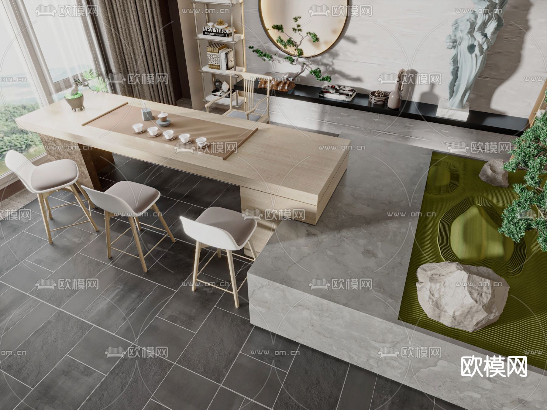 新中式茶桌椅3d模型下载