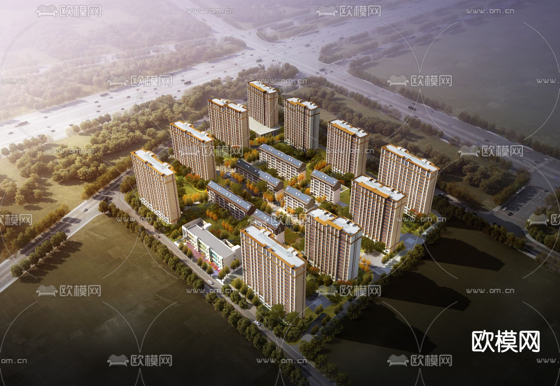 新中式住宅小区鸟瞰su模型下载（渲染图8）