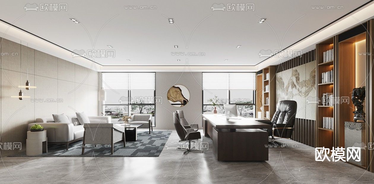 新中式总经理办公室su模型下载（渲染图1）