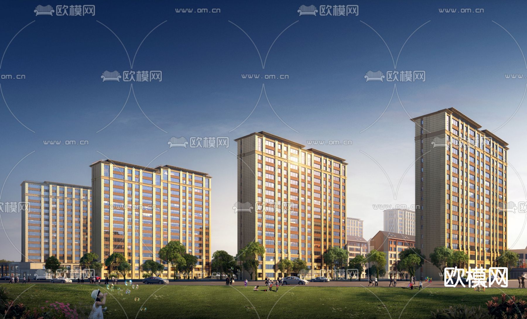 新中式住宅小区鸟瞰su模型下载（渲染图3）