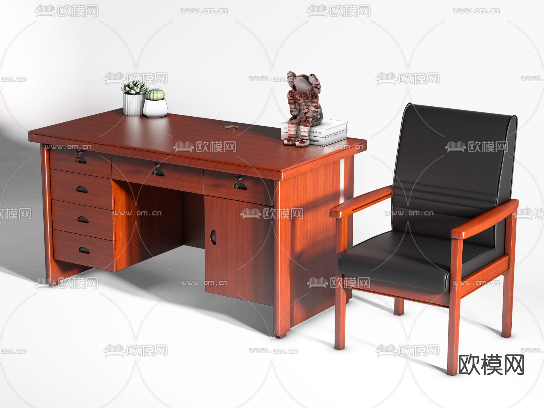新中式办公桌椅 写字台3d模型下载（渲染图1）