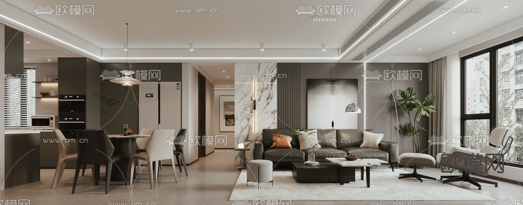 高级灰客厅餐厅3d模型