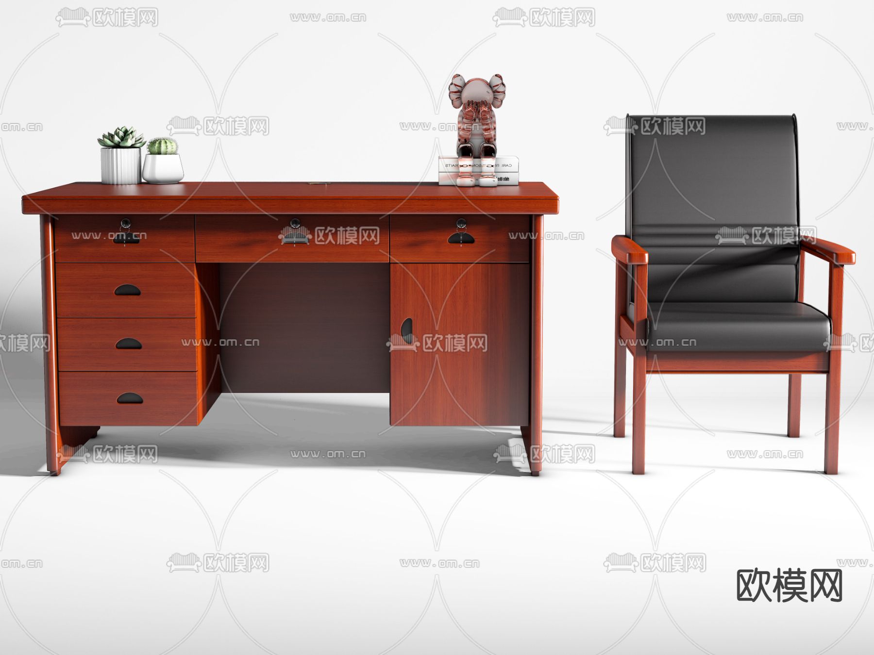 新中式办公桌椅 写字台3d模型下载（渲染图3）