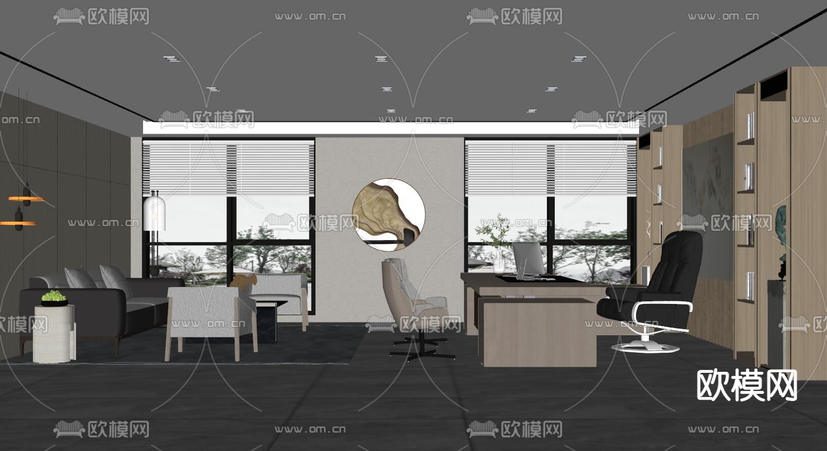 新中式总经理办公室su模型下载（渲染图2）