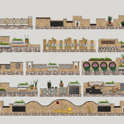  中式民俗文化景墙小品su模型 