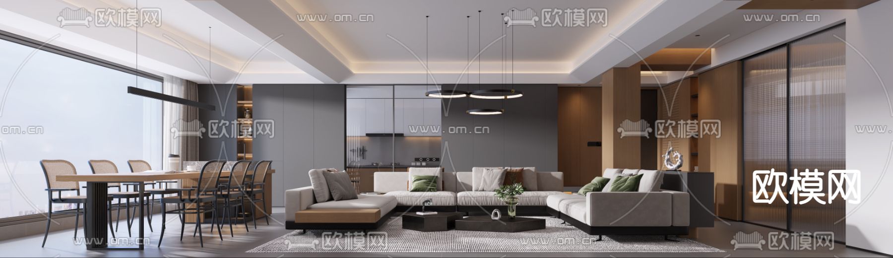 高级灰客餐厅3d模型下载（渲染图1）