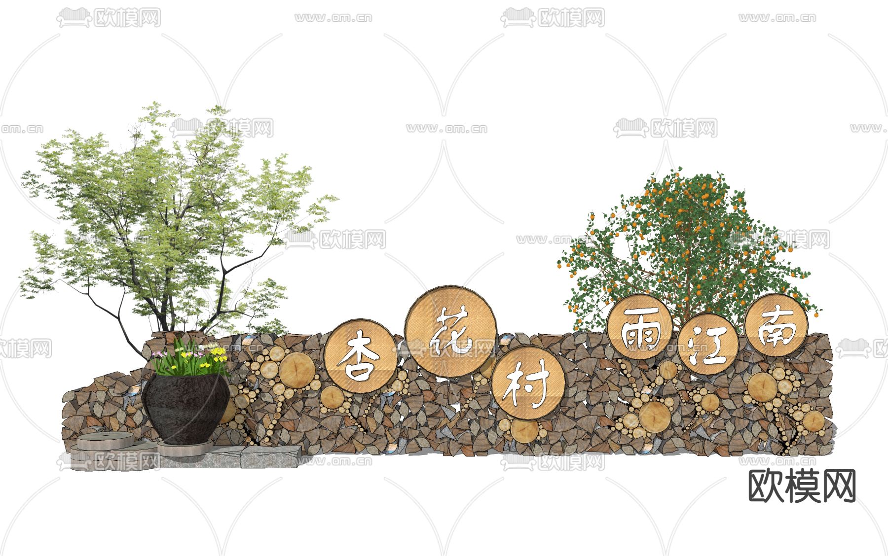 新中式民俗文化景墙小品su模型