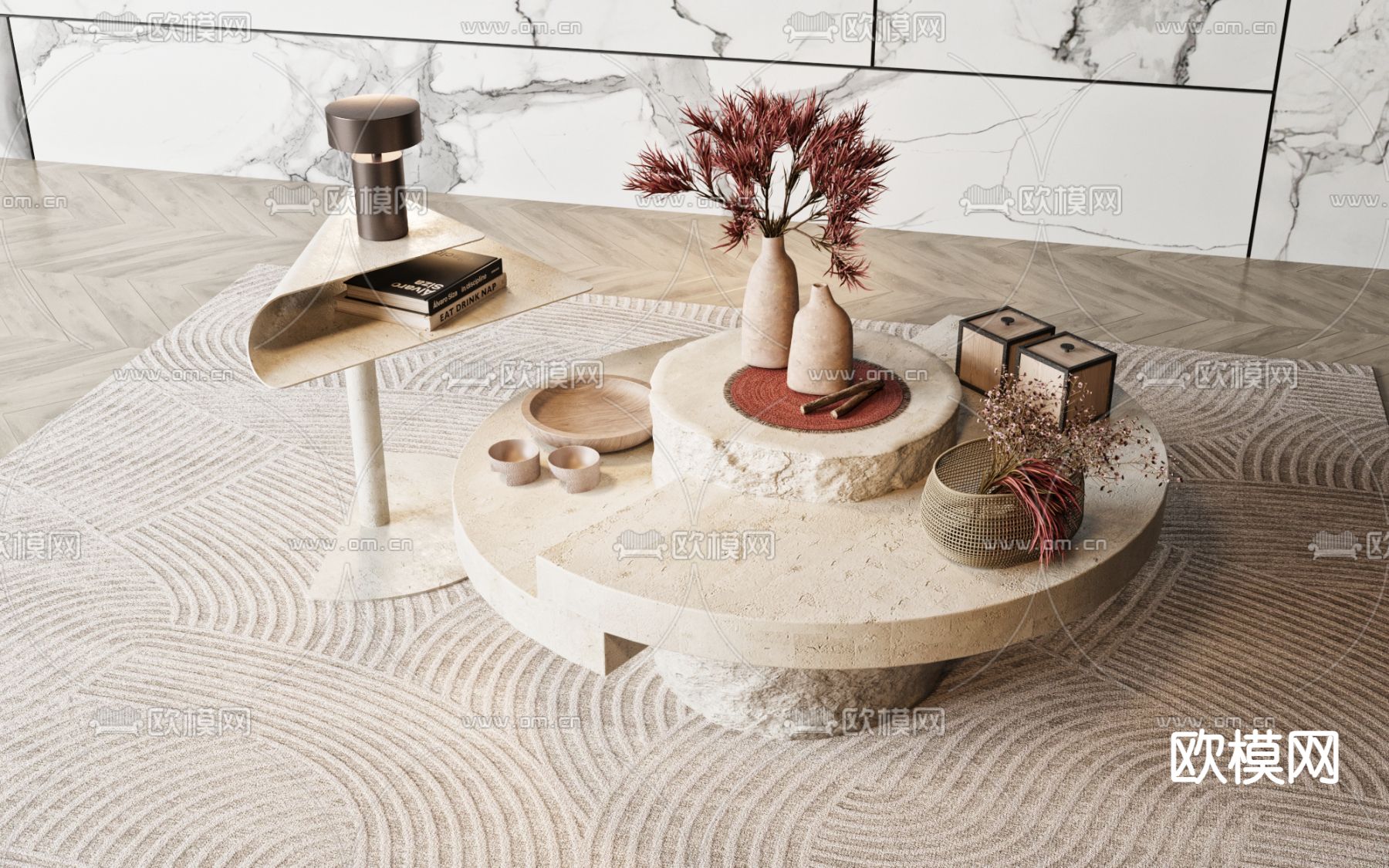 侘寂风子母茶几su模型下载（渲染图1）