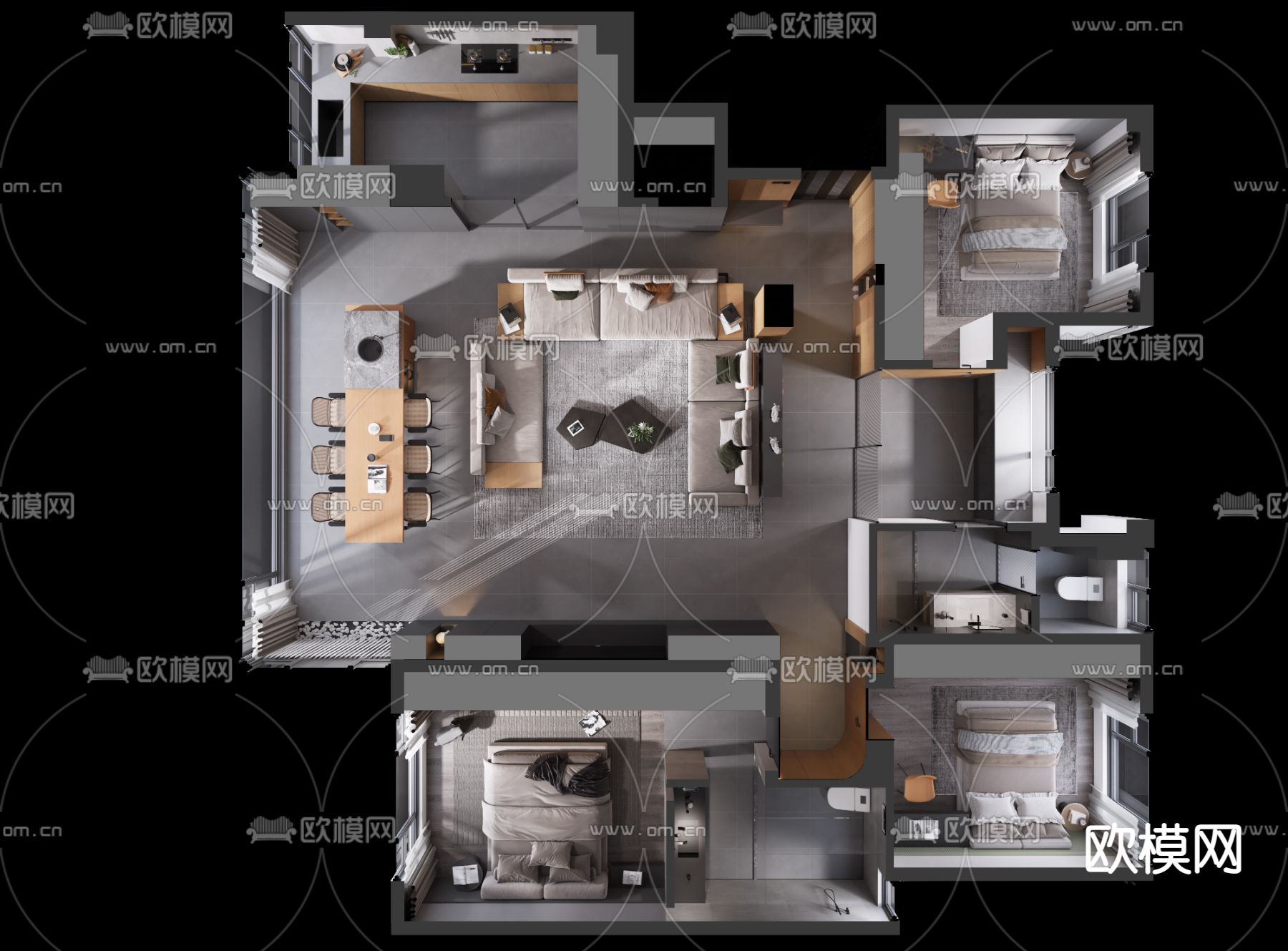 高级灰客餐厅3d模型下载（渲染图3）