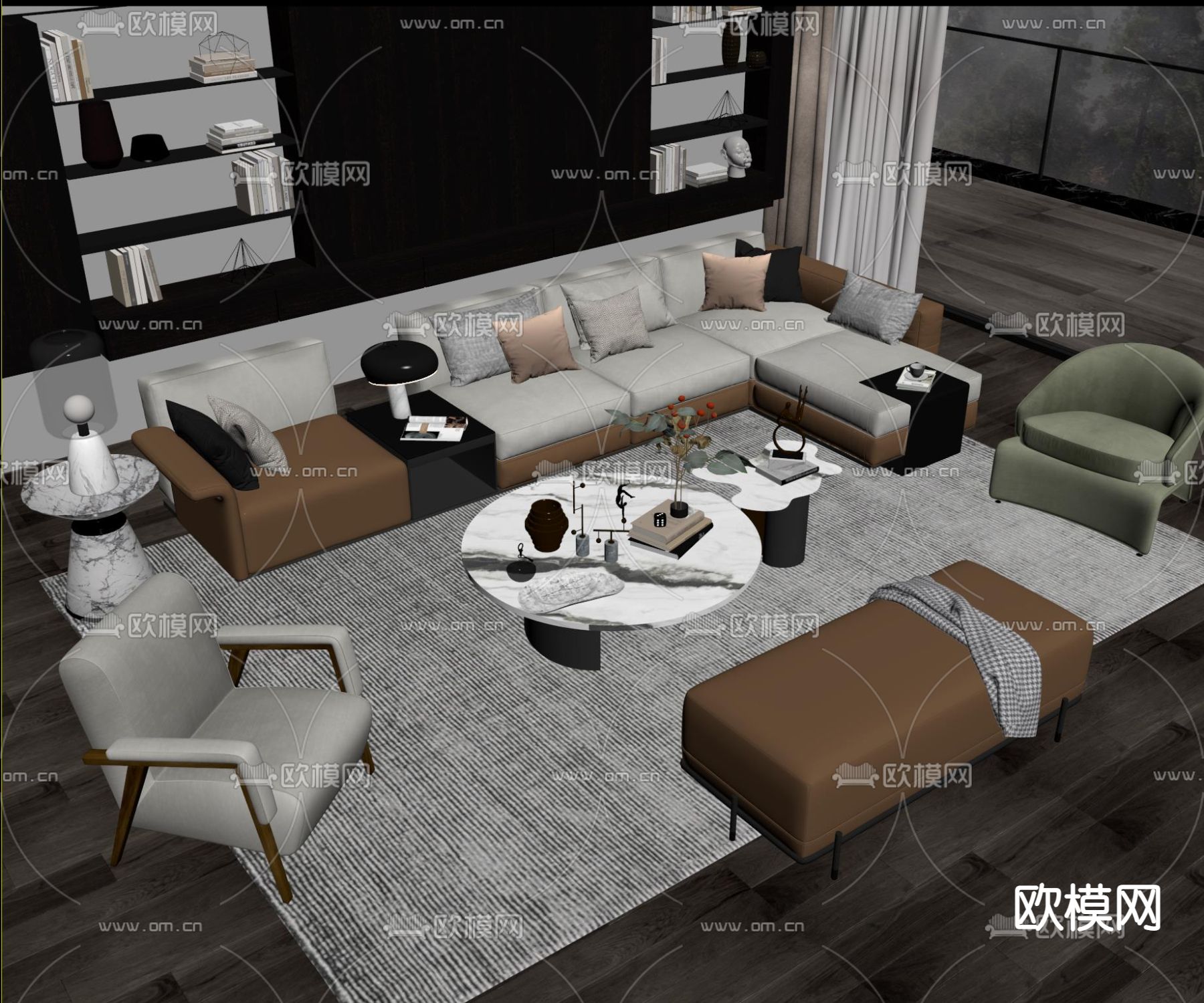 现代转角组合沙发su模型下载（渲染图2）