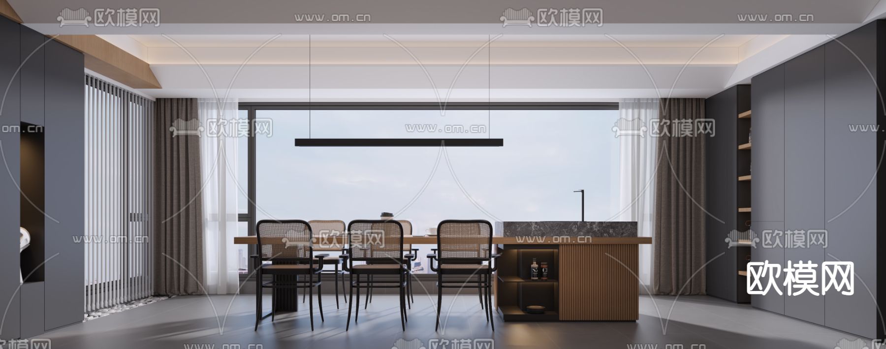 高级灰客餐厅3d模型下载（渲染图2）