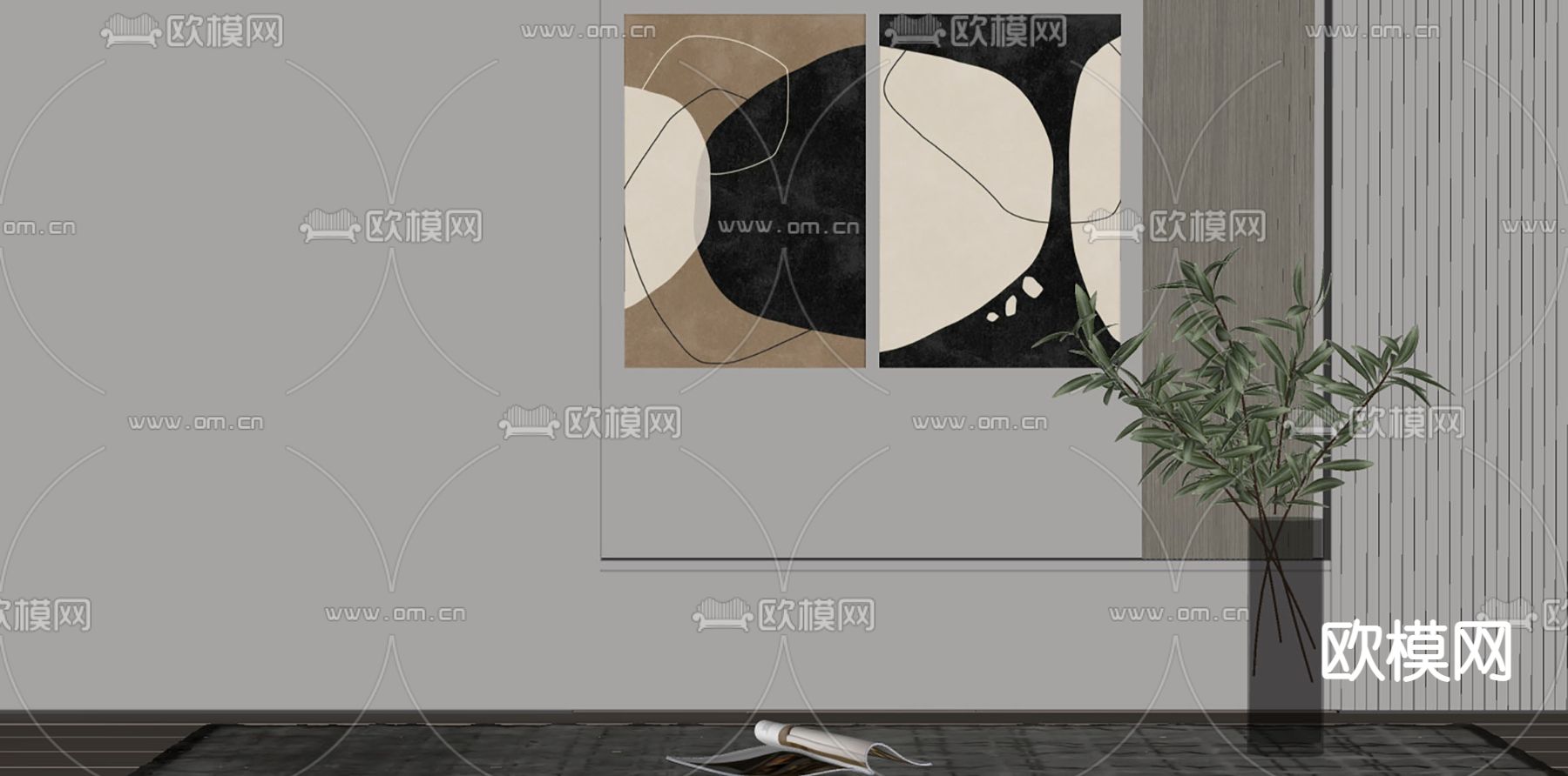 侘寂风装饰画 抽象画su模型下载（渲染图2）