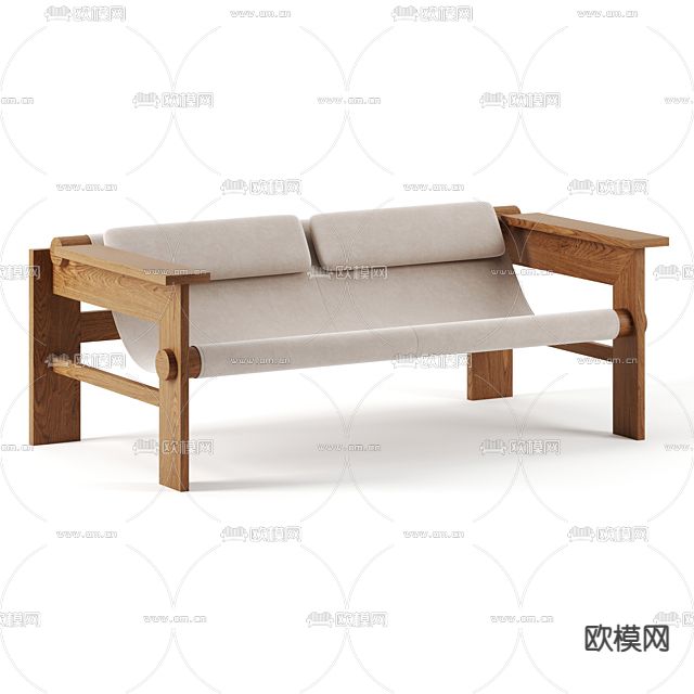新中式简约实木双人沙发免费3d模型下载