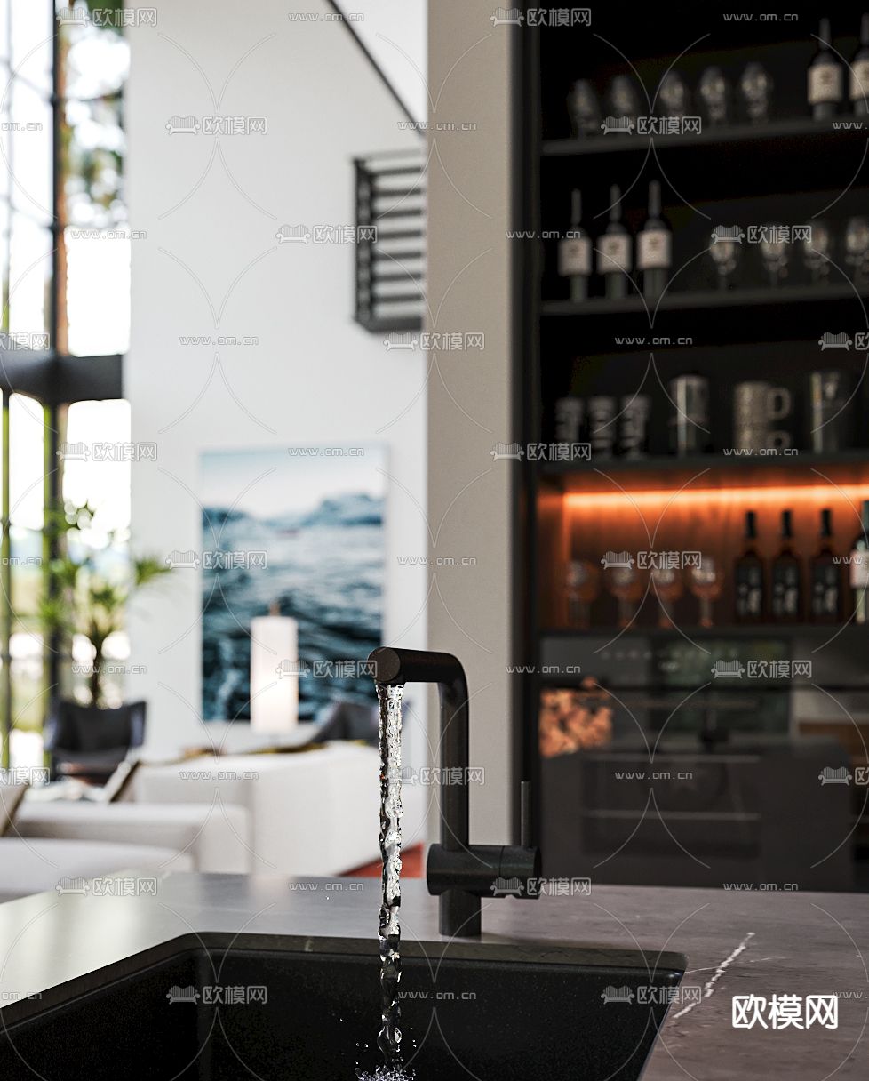 高级灰中岛厨房 橱柜3d模型下载（渲染图2）