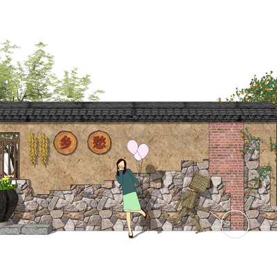 新中式民俗文化景墙小品su模型