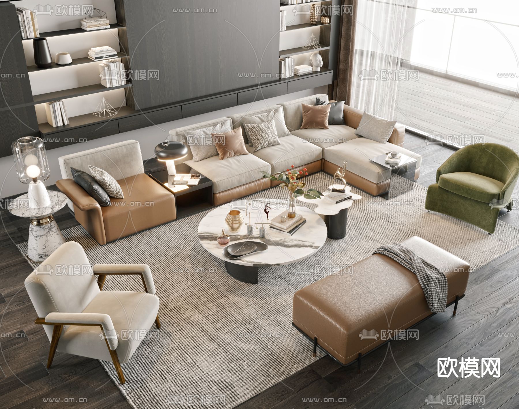 现代转角组合沙发su模型下载（渲染图1）
