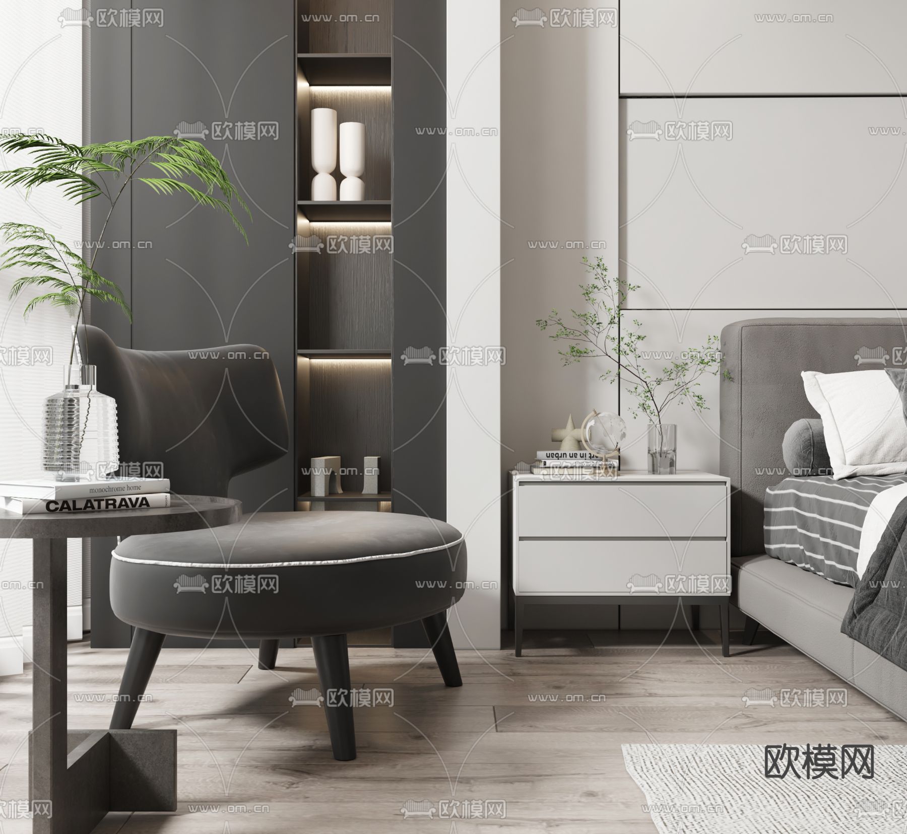 高级灰卧室 主卧3d模型下载（渲染图2）