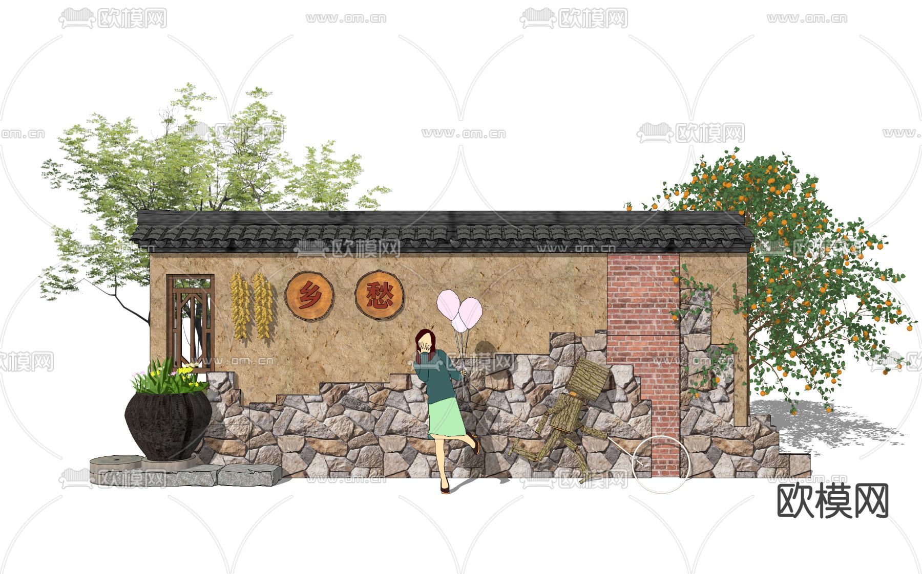 新中式民俗文化景墙小品su模型