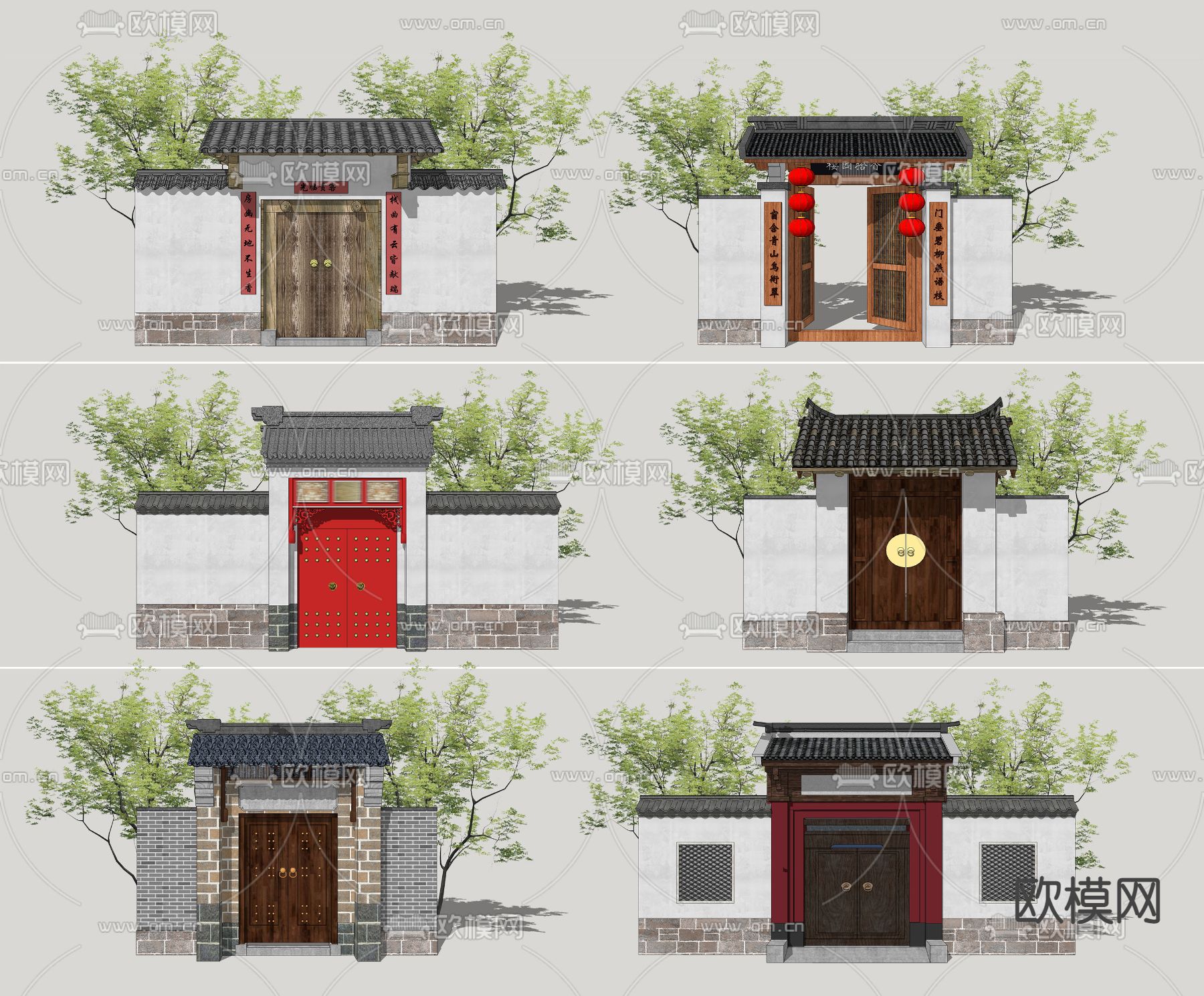 中式庭院门头 大门su模型