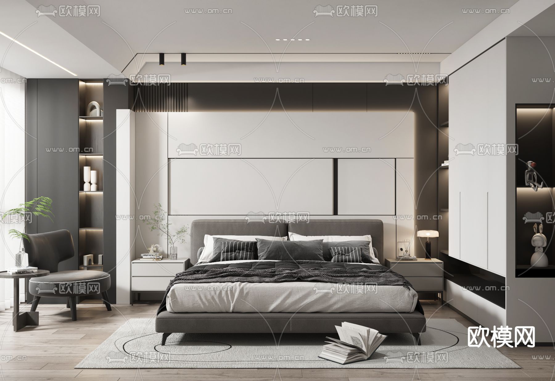 高级灰卧室 主卧3d模型下载（渲染图1）