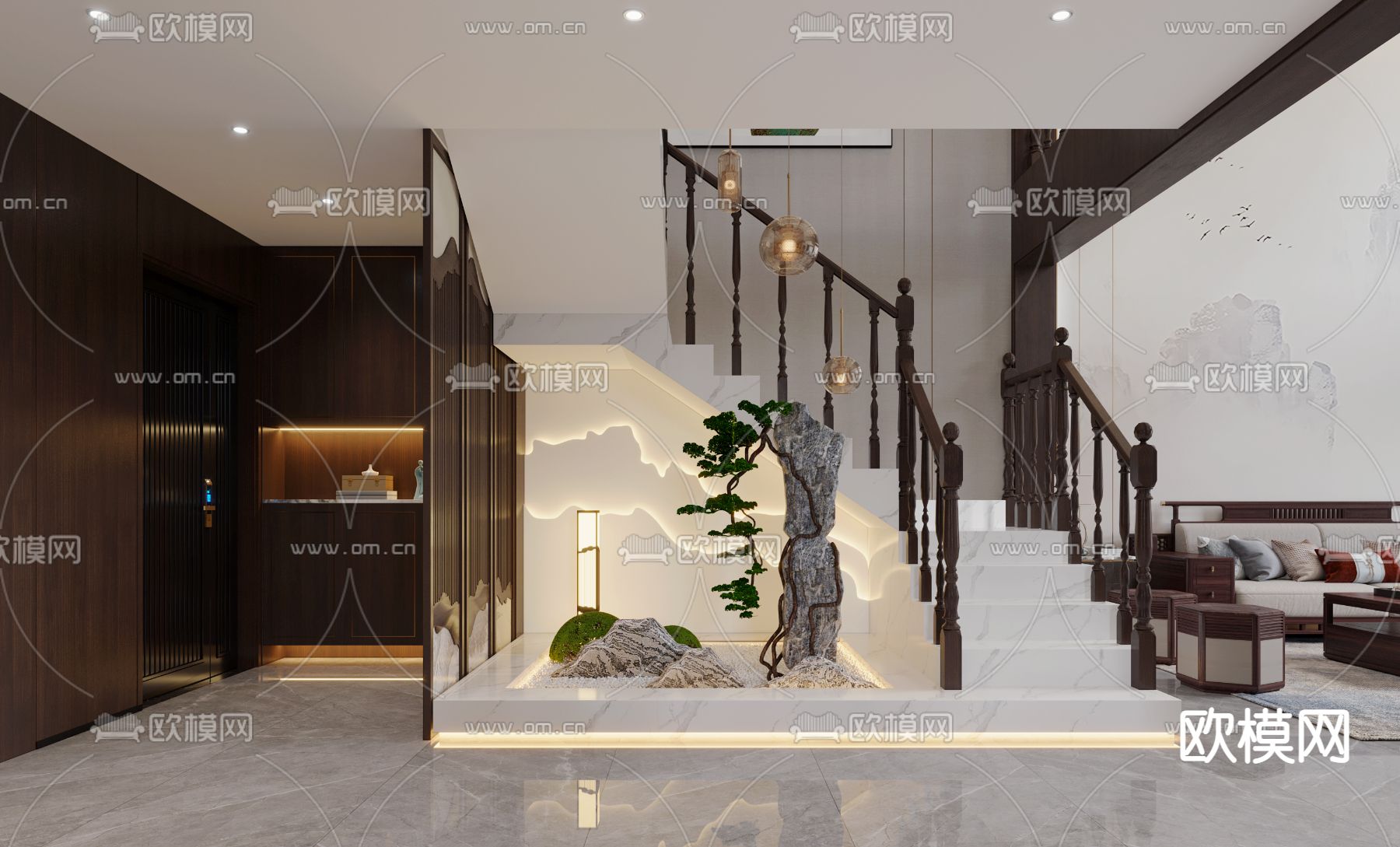 新中式楼梯口  楼梯间3d模型下载（渲染图1）
