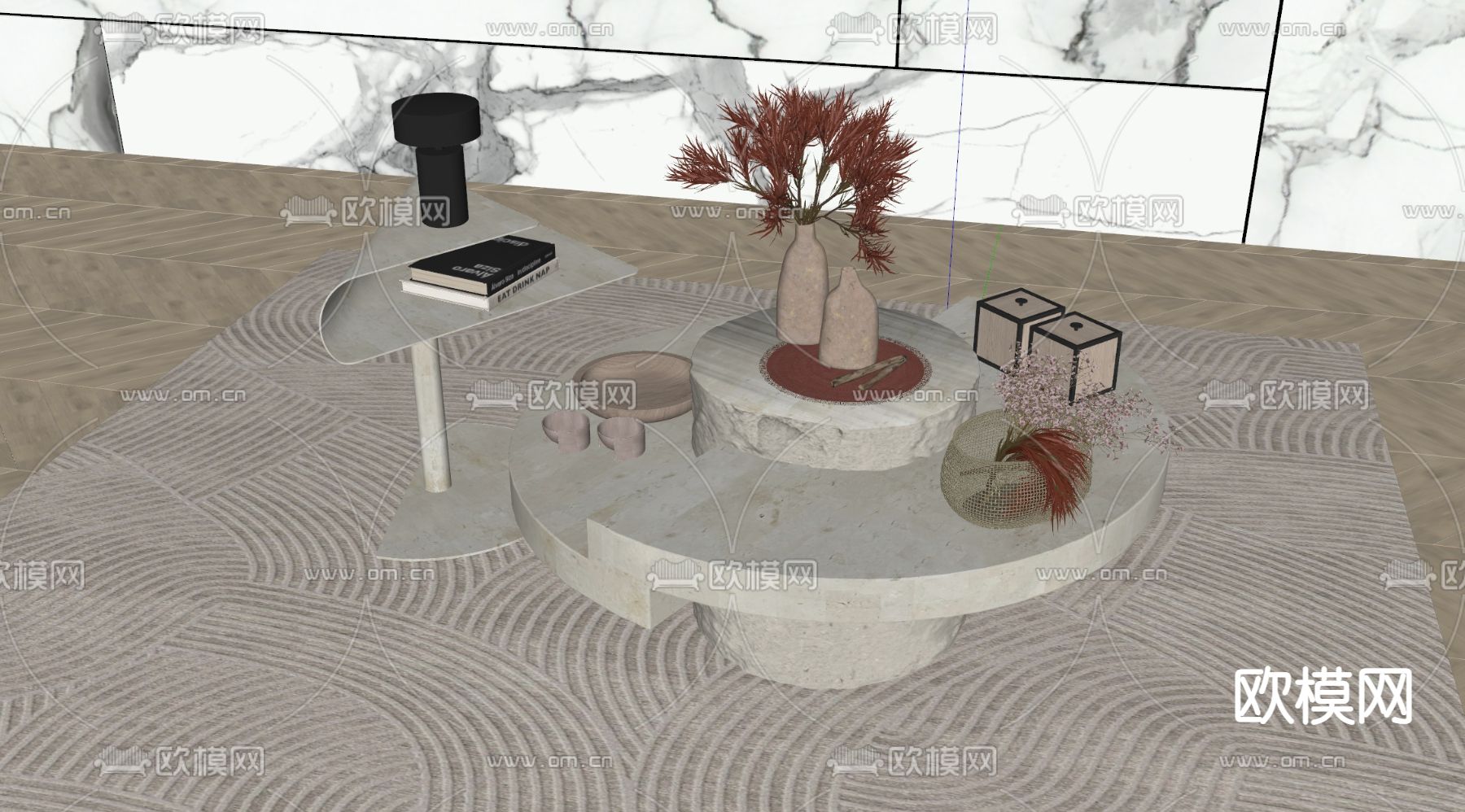 侘寂风子母茶几su模型下载（渲染图2）