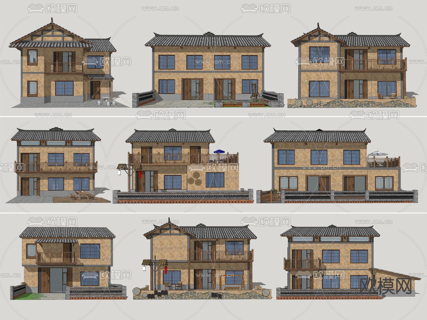 乡土民居别墅外观su模型下载
