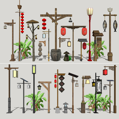  新中式乡村民俗路灯su模型 