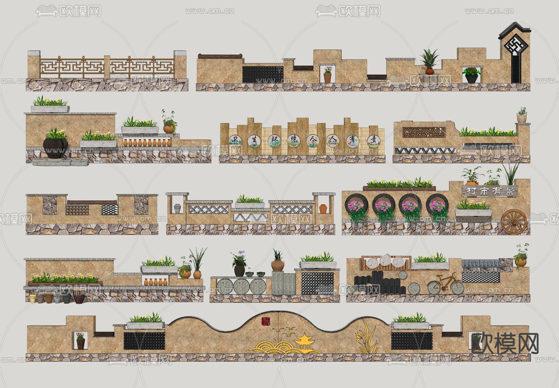 中式民俗文化景墙小品su模型