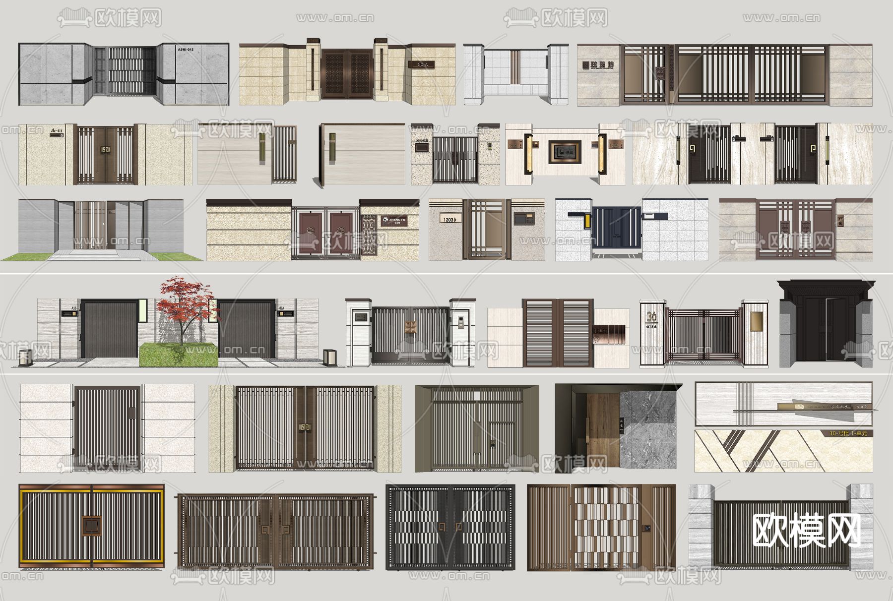 现代铁艺大门 围墙su模型