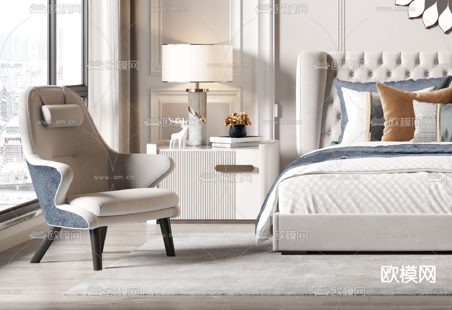 美式卧室 主卧3d模型下载（渲染图2）