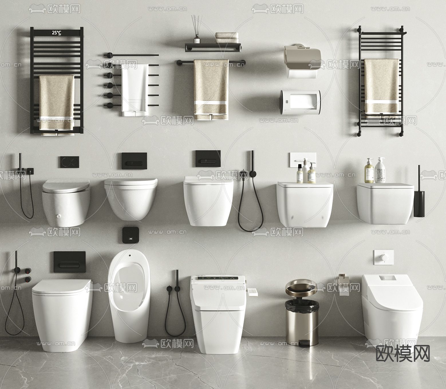 马桶 毛巾架 纸巾盒su模型下载（渲染图1）