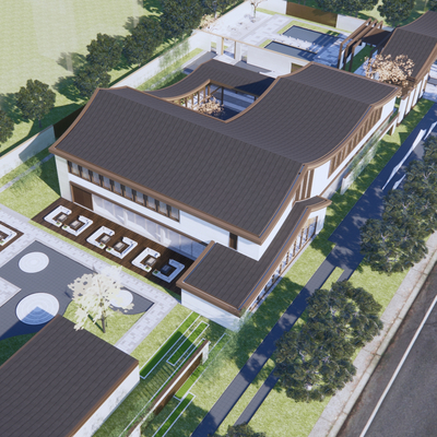  新中式售楼处鸟瞰su模型 