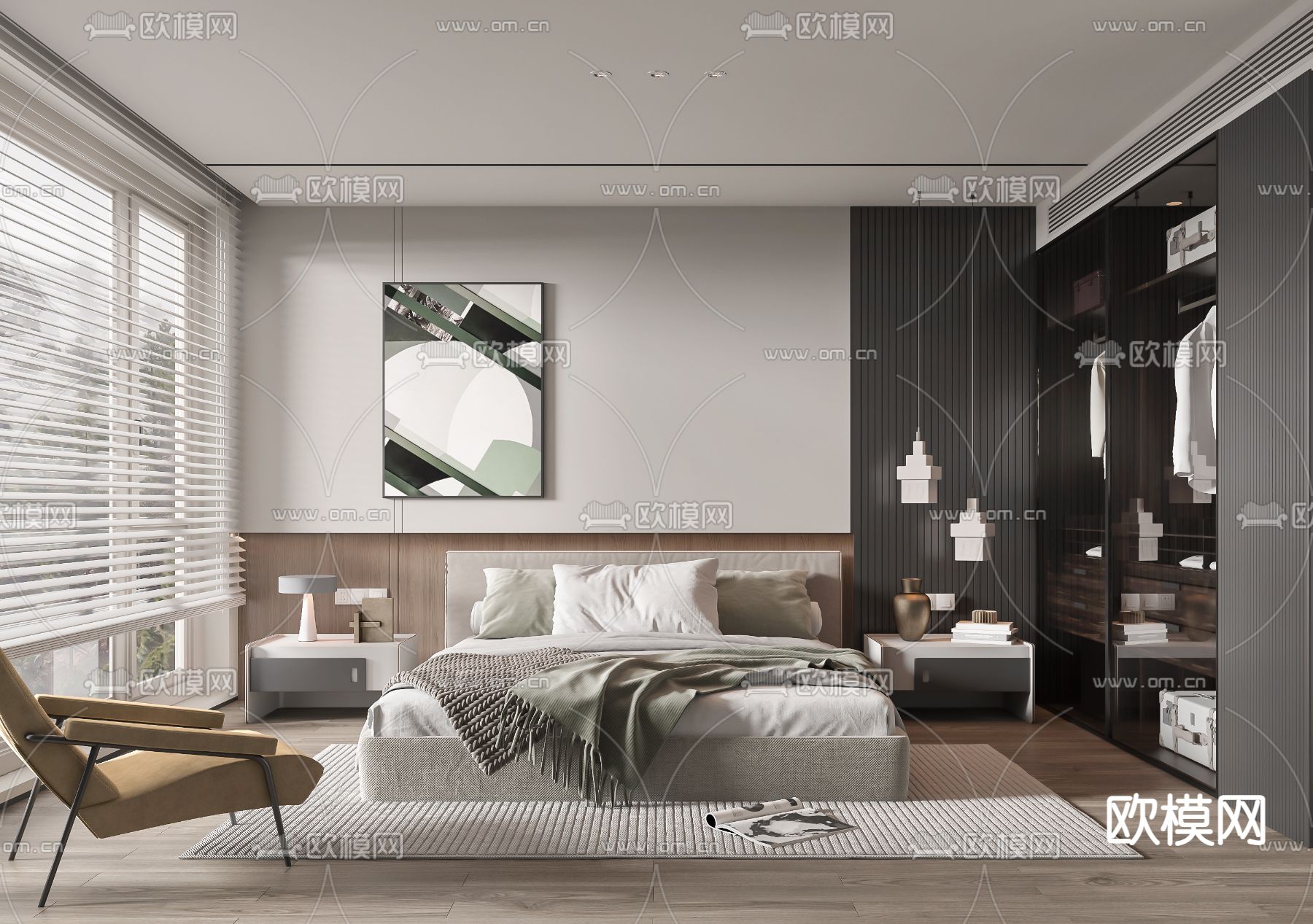 现代卧室 次卧3d模型下载_ID12302899_3dmax免费模型-欧模网