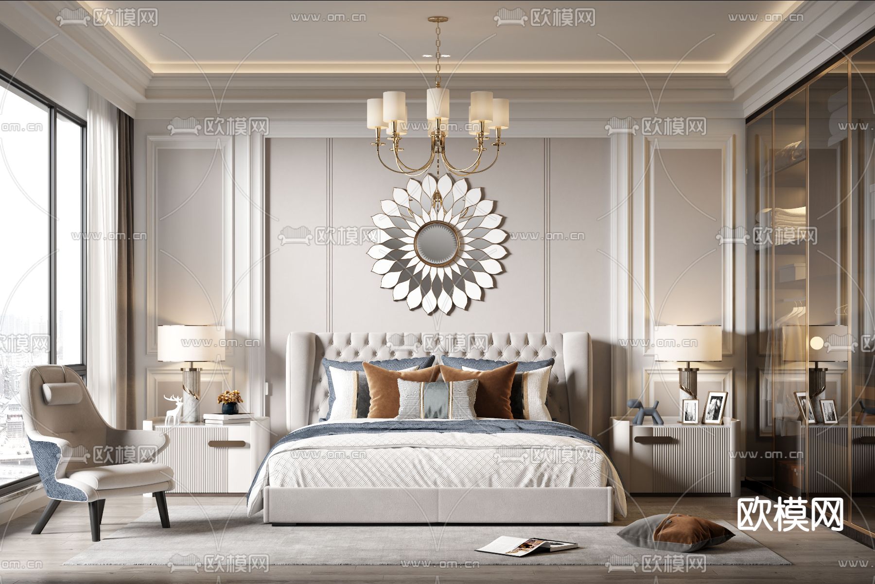 美式卧室 主卧3d模型下载（渲染图1）