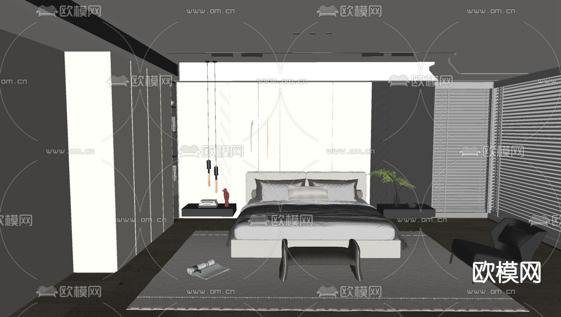 现代卧室 主人房su模型