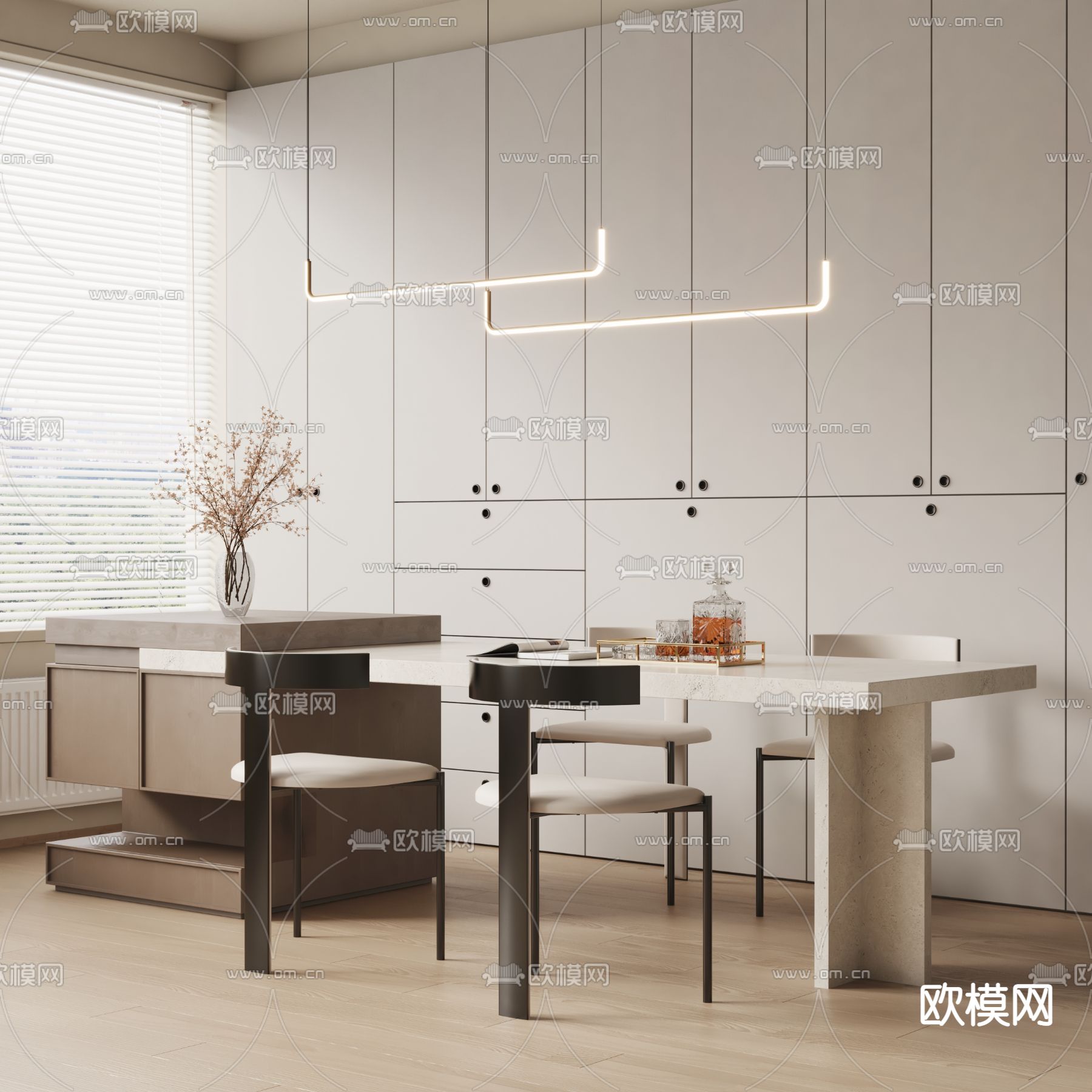 侘寂风中岛餐桌椅3d模型下载