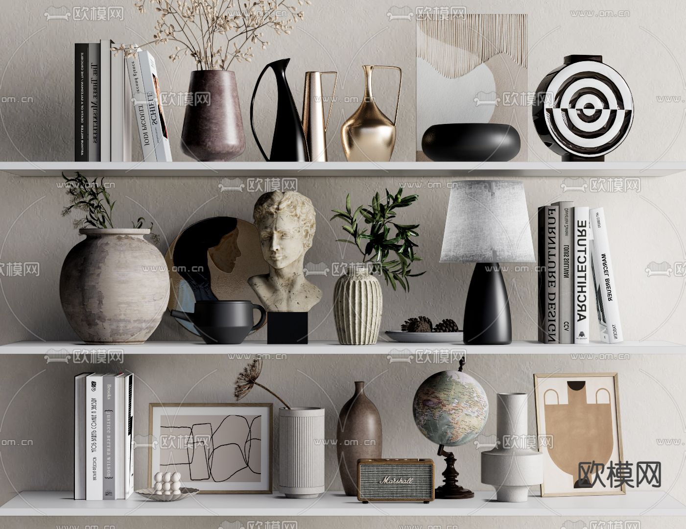侘寂风书籍 雕塑 花瓶摆件su模型下载（渲染图1）
