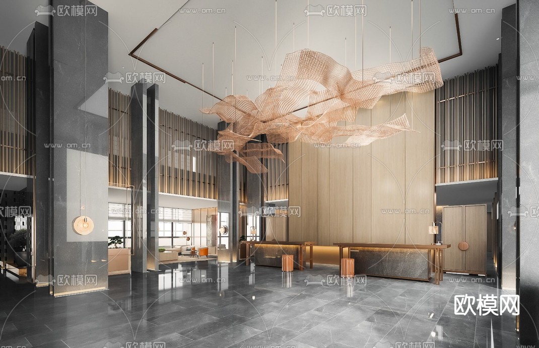 新中式酒店大堂3d模型下载_ID12300864_3dmax免费模型-欧模网