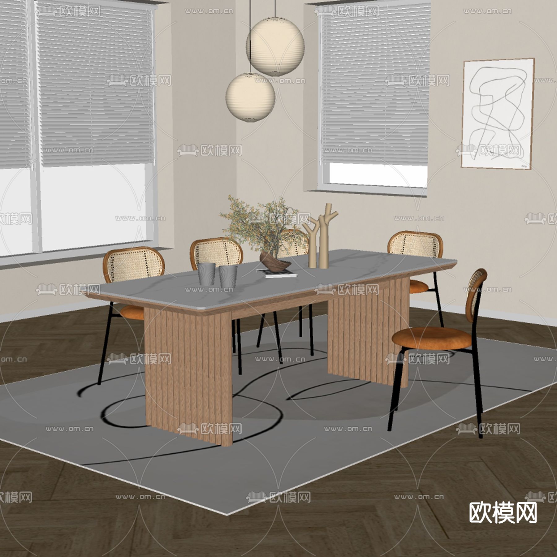 奶油风餐桌椅su模型下载（渲染图2）