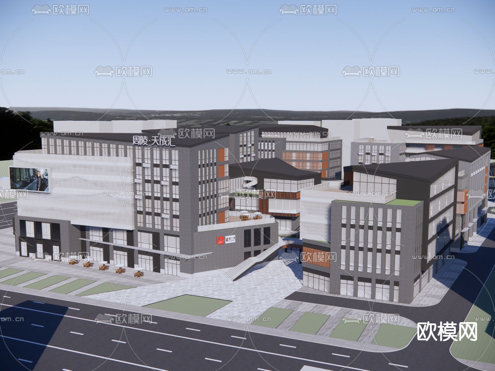 新中式商业街鸟瞰su模型