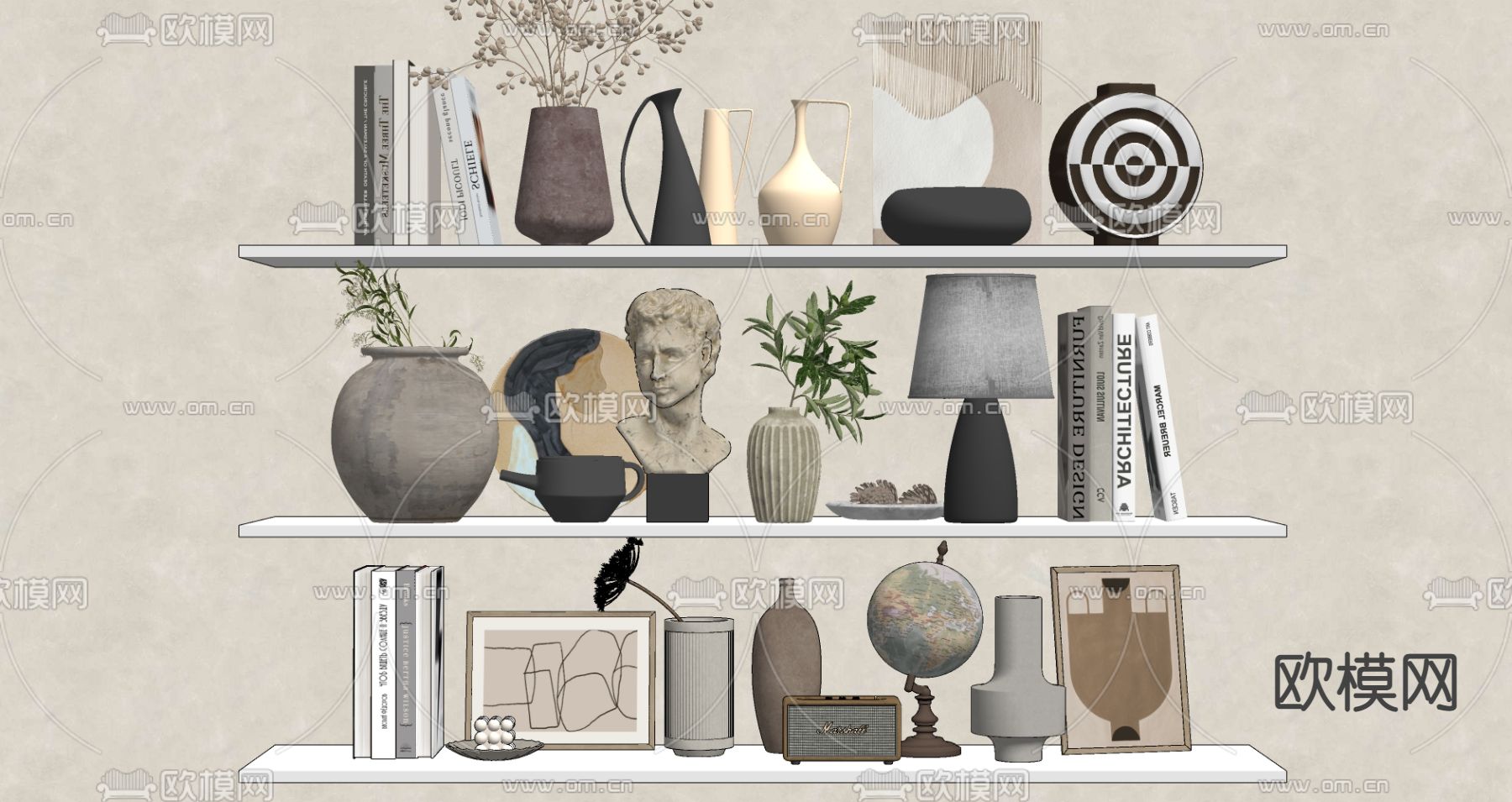 侘寂风书籍 雕塑 花瓶摆件su模型下载（渲染图2）