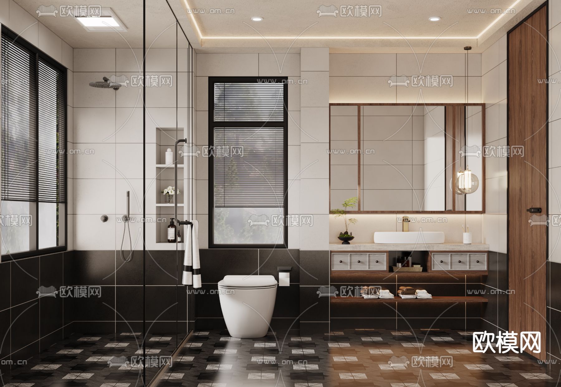 中古风卫生间 浴室su模型下载（渲染图1）