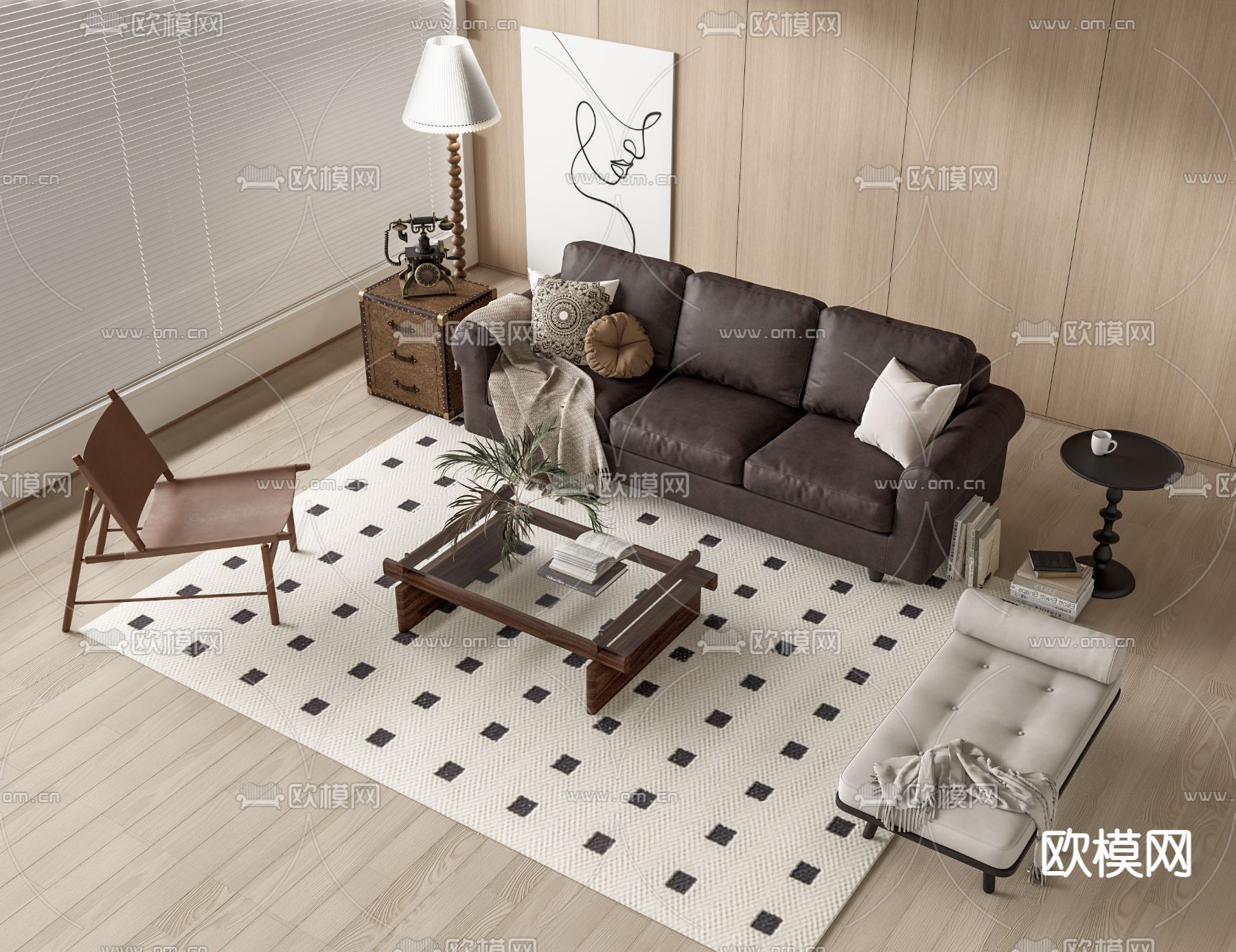 中古风组合沙发su模型下载（渲染图1）