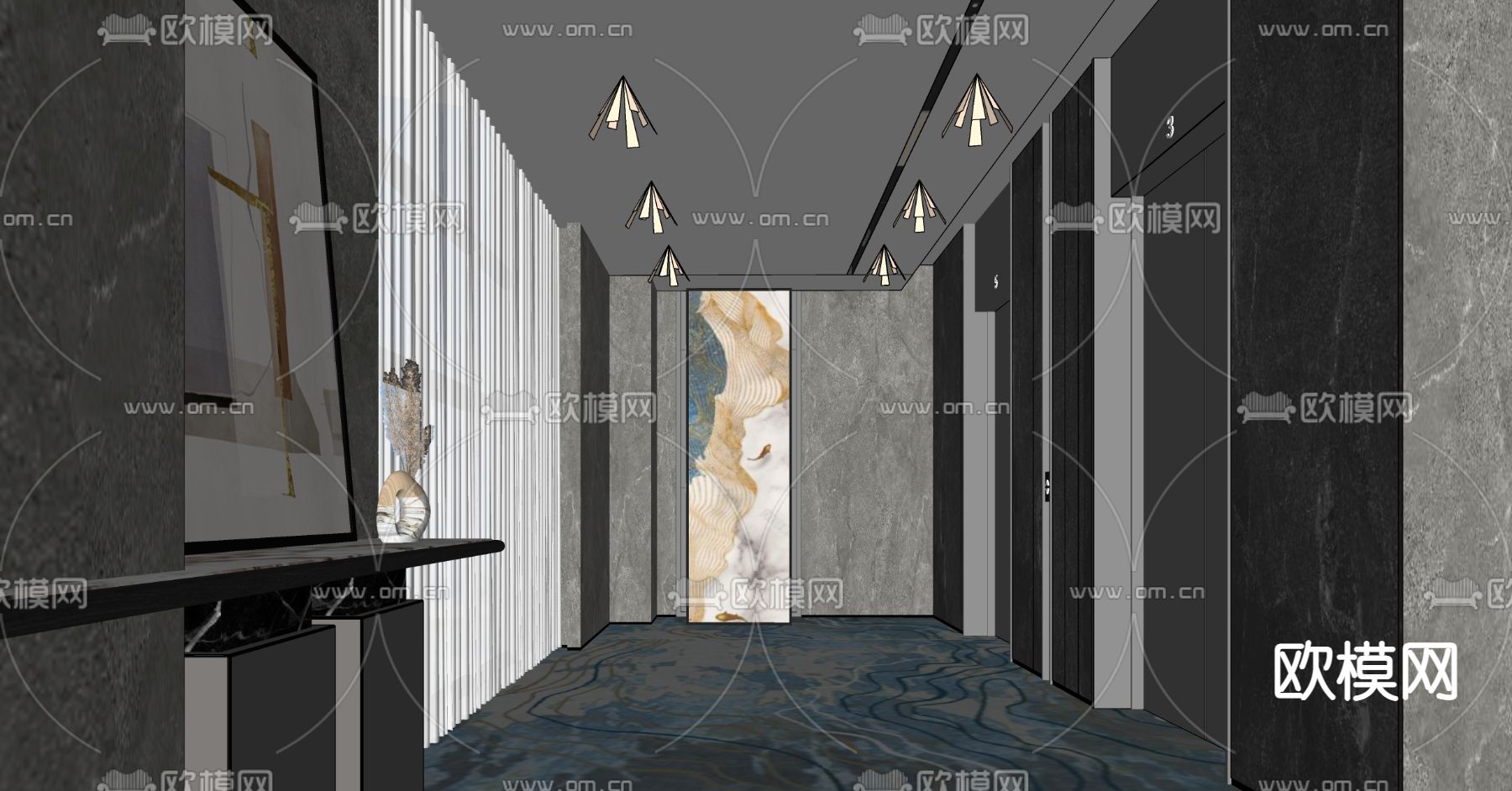 现代酒店电梯厅su模型下载（渲染图2）