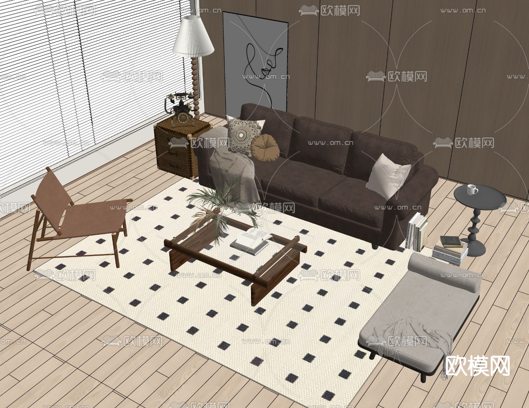 中古风组合沙发su模型下载（渲染图2）