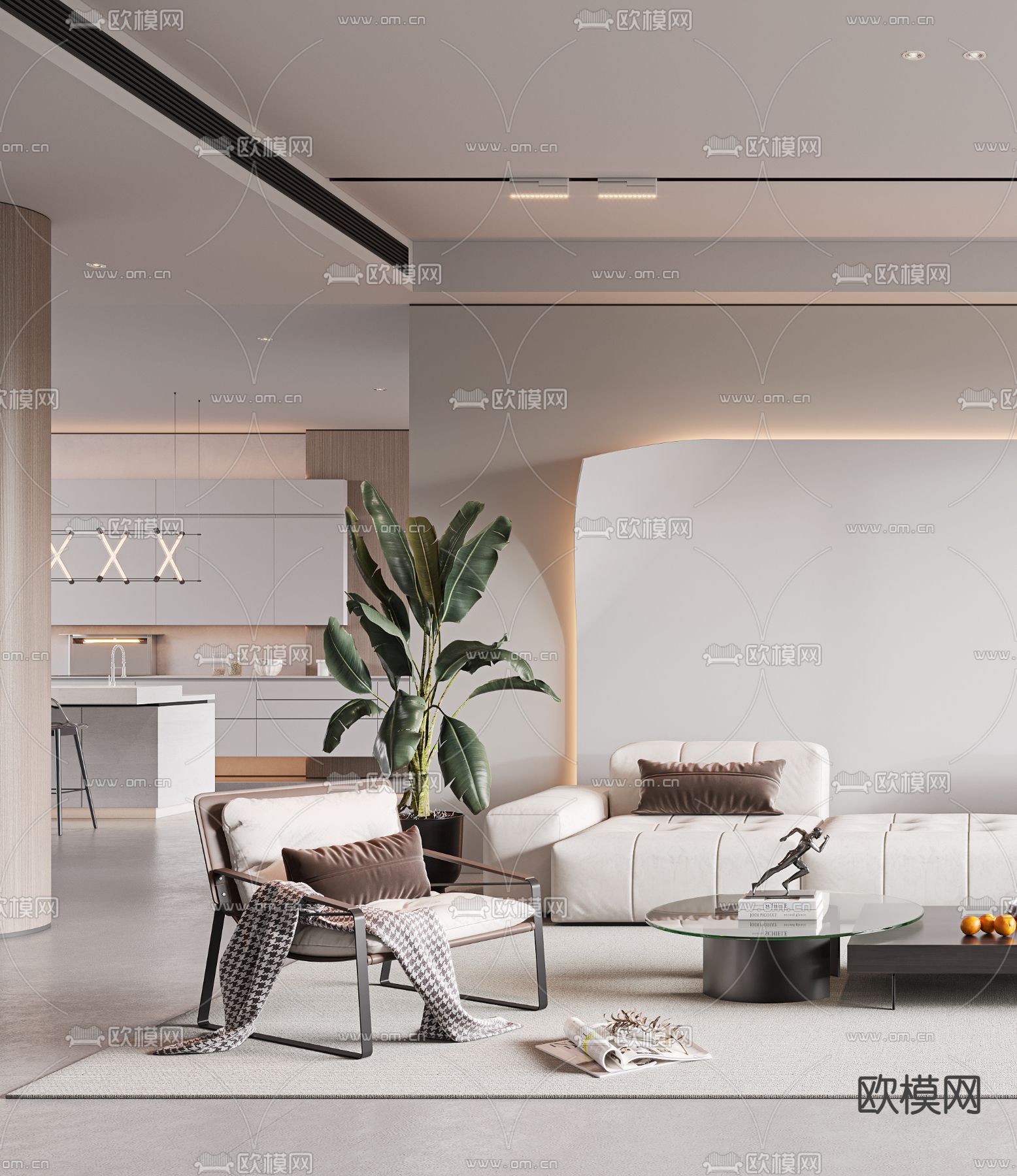 奶油风客厅餐厅3d模型下载（渲染图3）