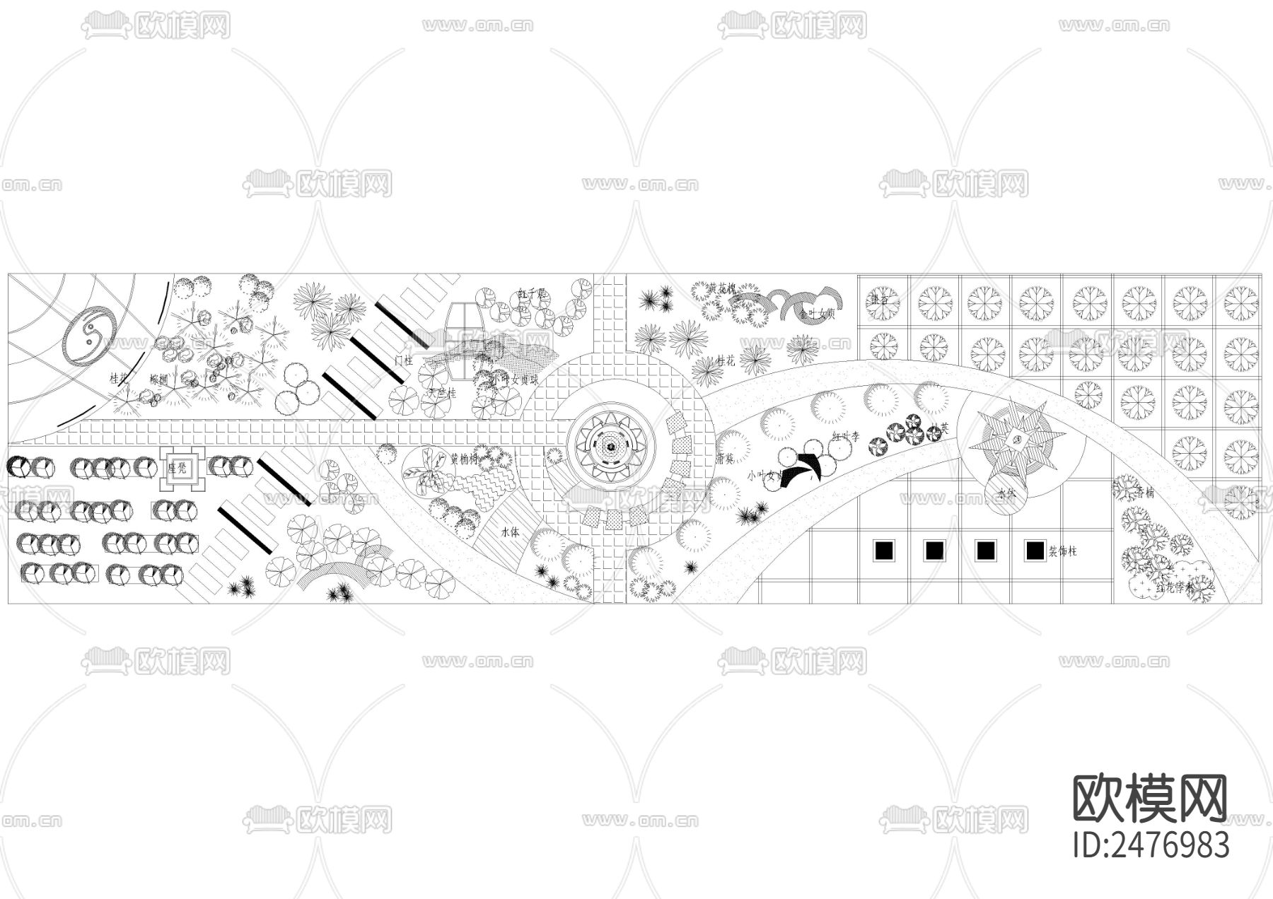 长方形地块公园CAD施工图下载（渲染图1）